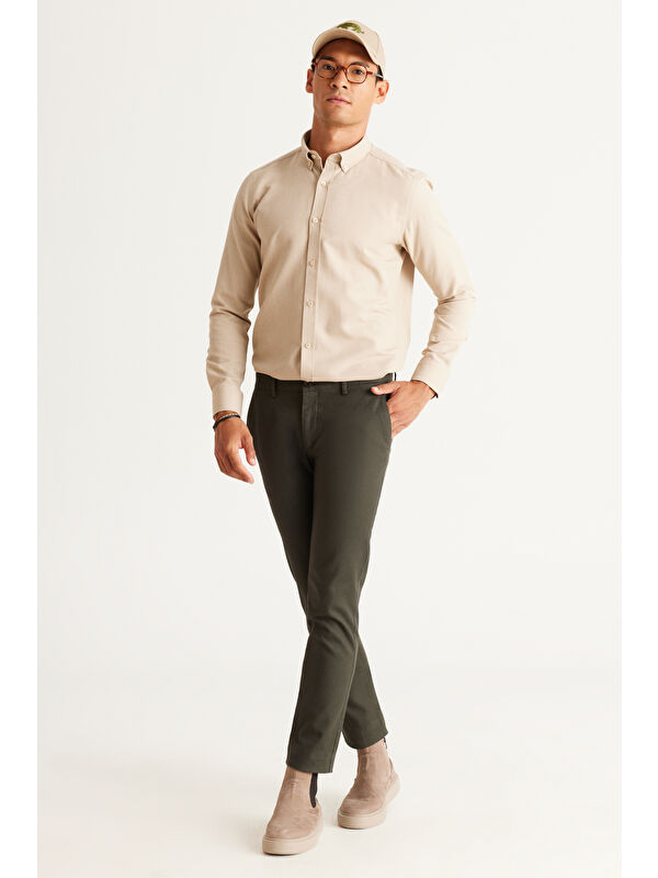 Altınyıldız Classics Erkek Yeşil Slim Fit Dar Kesim Pamuklu Esnek Rahat Armürlü Pantolon