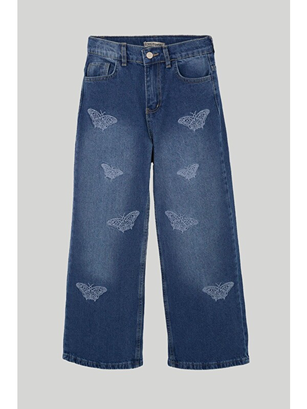 Breeze Kız Çocuk Jean Pantolon Kelebek Nakışlı Mavi (10-14 Yaş)