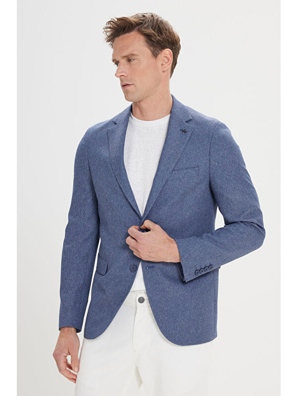 Altınyıldız Classics Erkek Mavi Slim Fit Dar Kesim Mono Yaka Desenli Ceket
