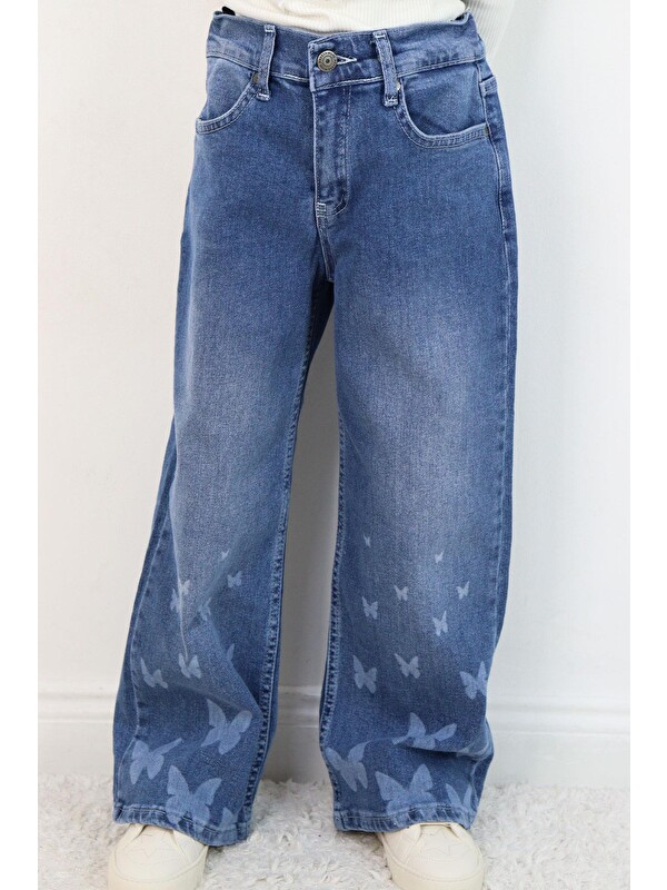 Breeze Kız Çocuk Jean Pantolon Paça Kısmı Kelebek Baskı Detaylı Mavi (6-9 Yaş)