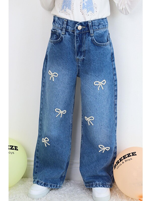 Breeze Kız Çocuk Jean Pantolon İnci Detaylı Fiyonk İşlemeli Mavi (5 Yaş)