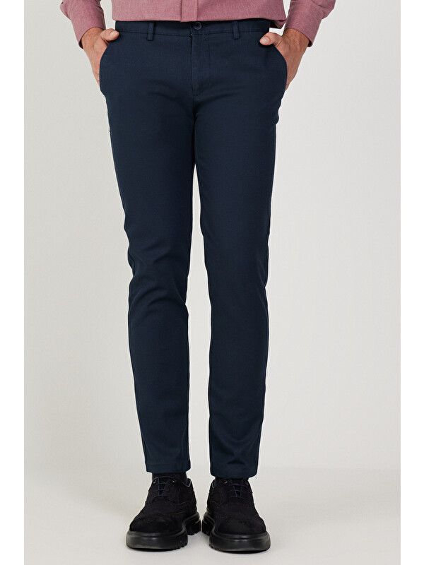 Altınyıldız Classics Erkek Lacivert Slim Fit Dar Kesim Pamuklu Esnek Rahat Armürlü Pantolon