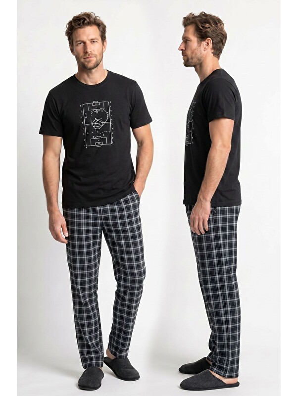 Kompedan Erkek Penye Süprem Genç Bisiklet Yaka Altı Uzun Pijama Takım | Siyah 65145-726