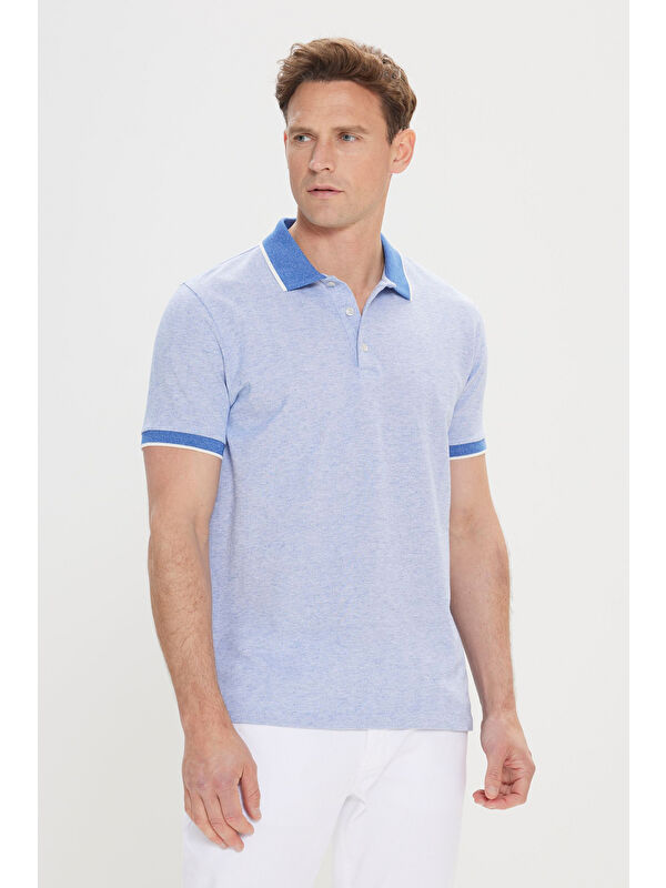 Altınyıldız Classics Erkek Mavi Slim Fit Dar Kesim Pamuklu Jakarlı Polo Yaka Tişört