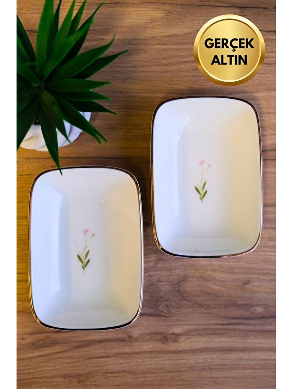 TABAK EVİ Porselen Natura Çuha Altın Yaldızlı Dikdörtgen Kayık Tabak 12x8,50cm 2 li
