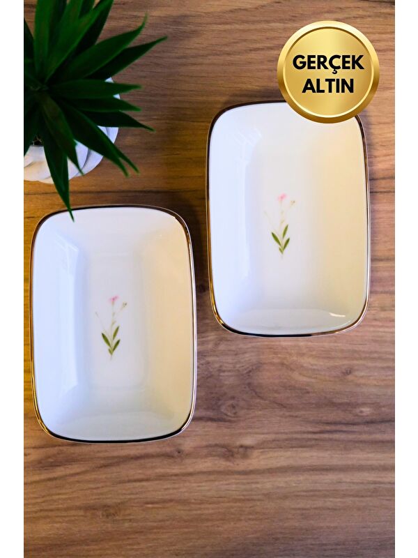 TABAK EVİ Porselen Natura Çuha Altın Yaldızlı Dikdörtgen Kayık Tabak 14X9,8cm 2 li