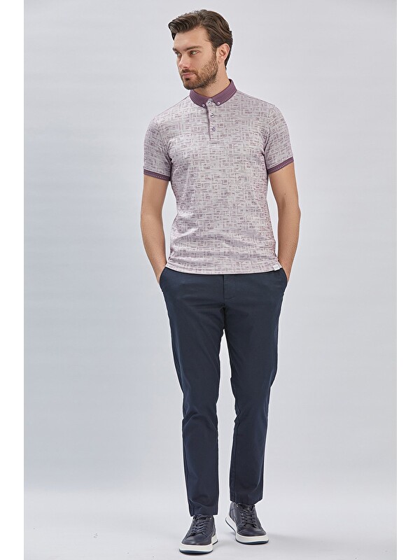 İMZA Lila Desenli Merserize Düğmeli Yaka Pamuklu Casual Slim Fit Dar Kesim Tişört 1011240160