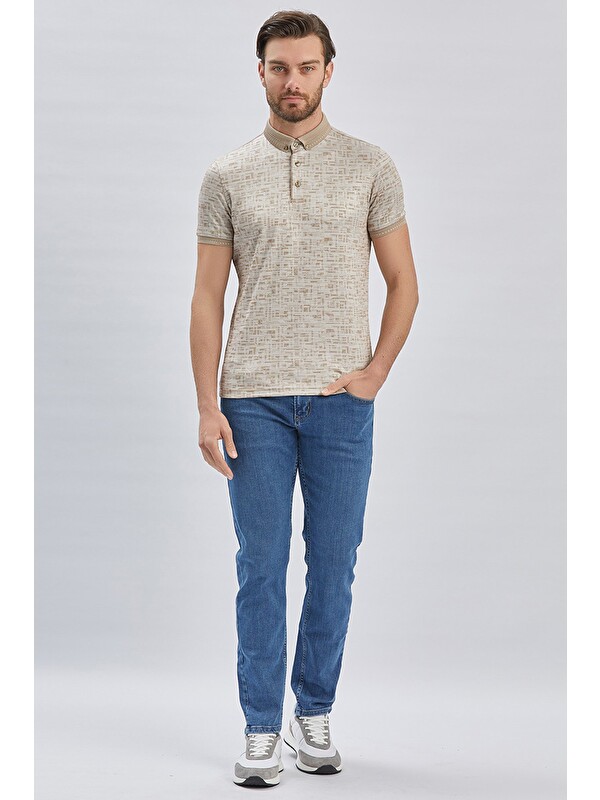 İMZA Bej Desenli Merserize Düğmeli Yaka Pamuklu Casual Slim Fit Dar Kesim Tişört 1011240160