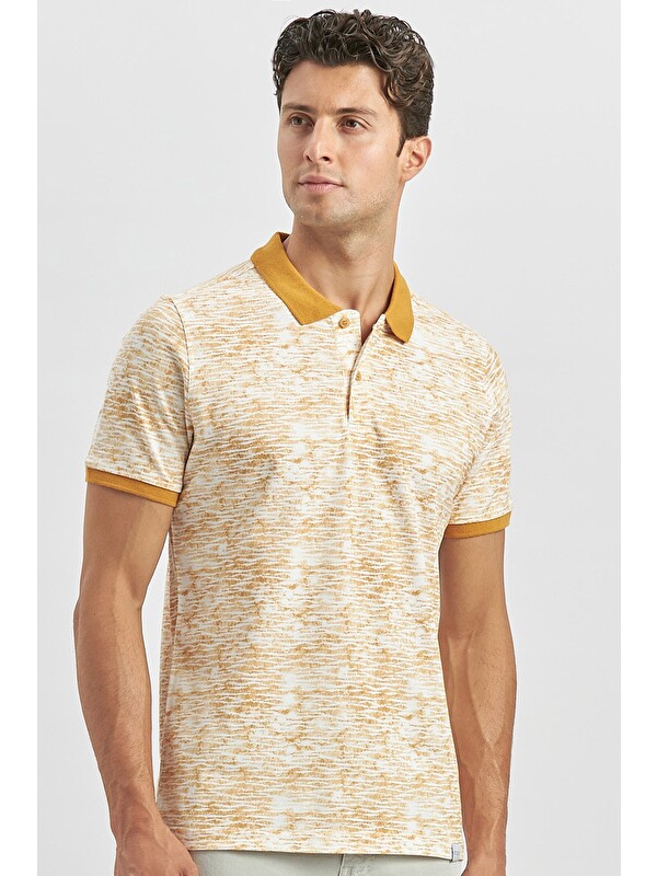 İMZA Hardal Baskılı Pike Polo Yaka Garnili %100 Pamuk Casual Slim Fit Dar Kesim Tişört 1011240157