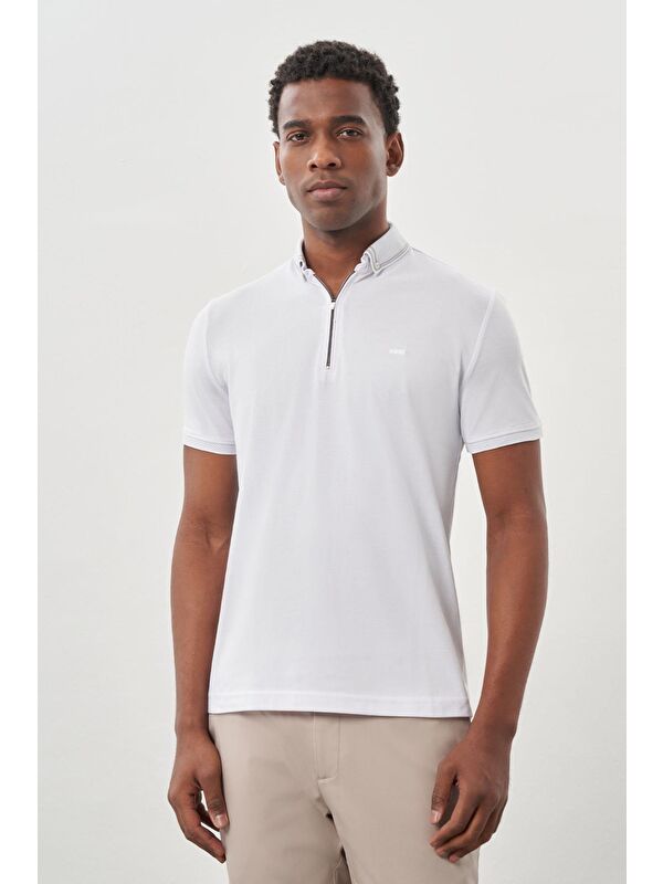 İMZA Beyaz Kısa Kol Düz Pike Polo Yaka Cepsiz Pamuk Casual Slim Fit %100 Pamuk Tişört 1011245900_600