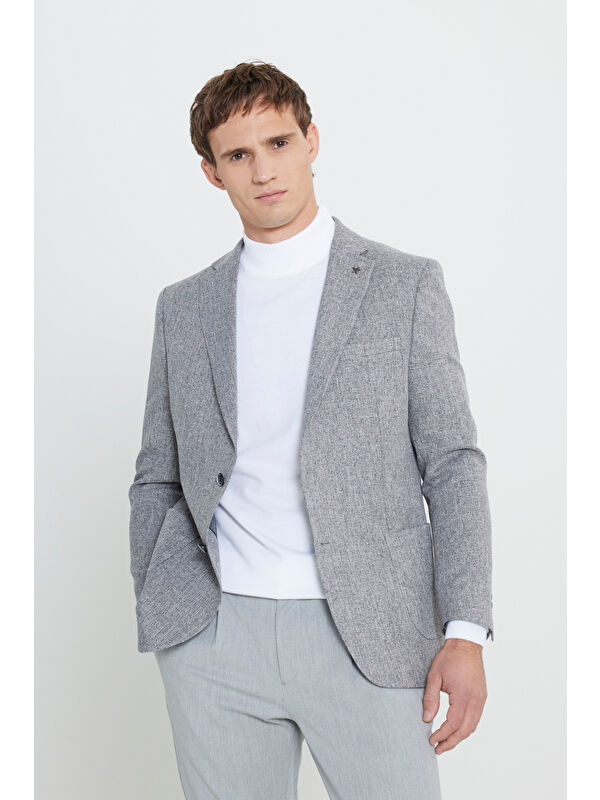 Altınyıldız Classics Erkek Gri Slim Fit Dar Kesim Mono Yaka Desenli Torba Cepli Ceket