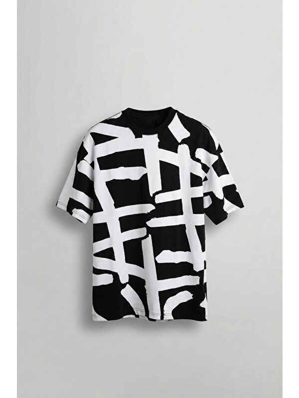 Abluka Online Erkek Desenli Oversize T-Shirt Siyah