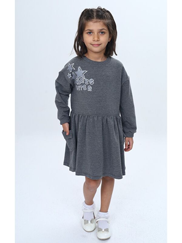 Toontoykids Kız Çocuk Baskılı Relax Fit Bisiklet Yaka Düşük Omuz Uzun Kollu Baskılı Elbise