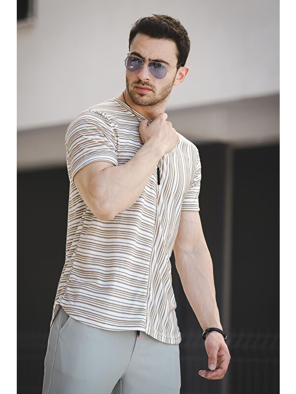 Oksit Nezza Çizgili Parçalı Eteği Oval Slim Fit Likralı Erkek Tişört