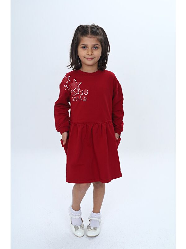 Toontoykids Kız Çocuk Baskılı Relax Fit Bisiklet Yaka Düşük Omuz Uzun Kollu Baskılı Elbise