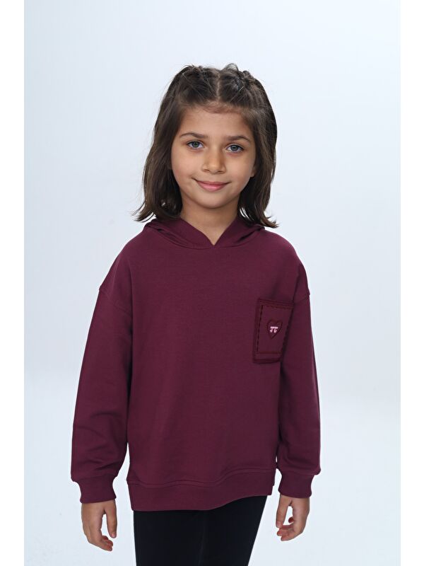 Toontoykids Kız Çocuk Relax Fit Kapüşonlu Düşük Omuz Nakışlı Sweatshirt - Cep Detaylı