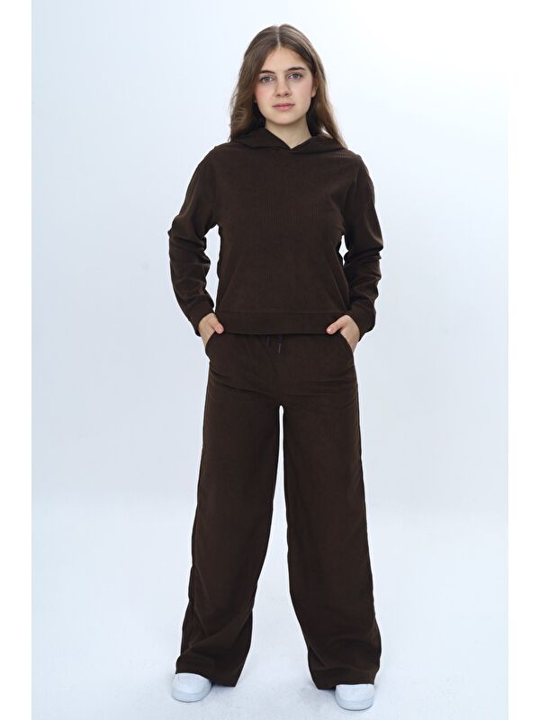 Toontoykids Kız Çocuk 2'li Takım Kapüşonlu Düşük Omuz Sweatshirt Bol Paça Cepli Eşofman Altı & Kadife