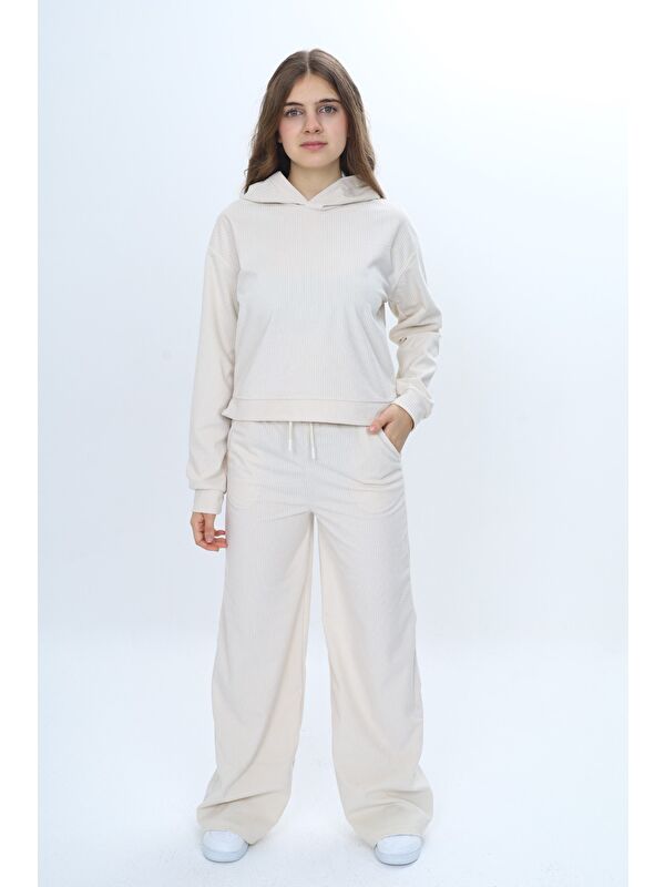 Toontoykids Kız Çocuk 2'li Takım Kapüşonlu Düşük Omuz Sweatshirt Bol Paça Cepli Eşofman Altı & Kadife