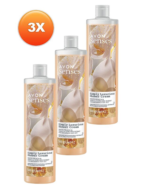 AVON Senses Simply Luxurious Beyaz Şeftali ve Vanilya Kokulu Krem Duş Jeli 500 Ml. Üçlü Set