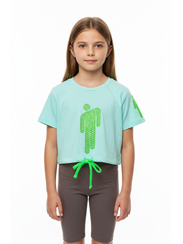 Toontoykids Kız Çocuk Crop Model Baskılı Taş İşlemeli Tişört