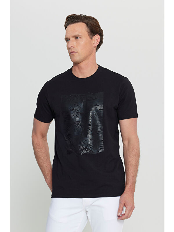 Altınyıldız Classics Erkek Siyah Pamuklu Slim Fit Dar Kesim Baskılı Esnek Tişört