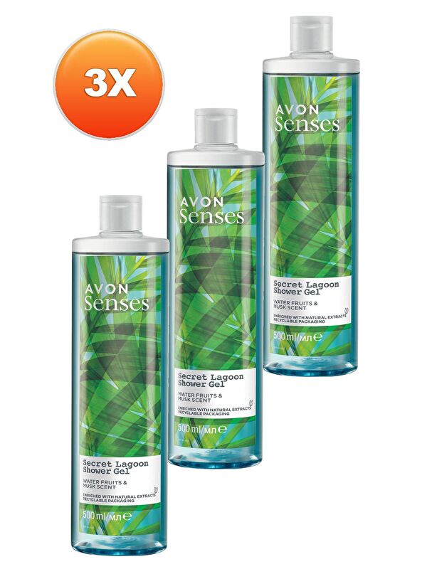 AVON Senses Secret Lagoon Su Meyveleri ve Misk Kokulu Duş Jeli 500 Ml. Üçlü Set