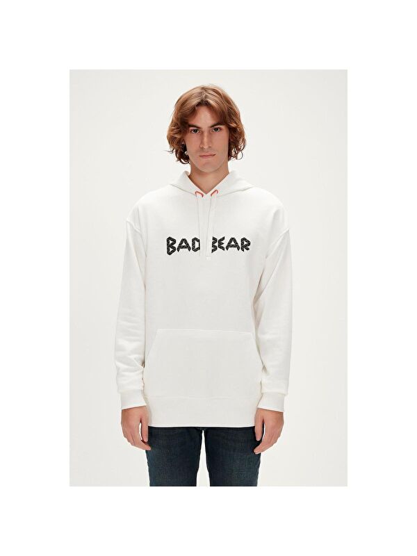 Bad Bear 3D Bad Erkek Beyaz Uzun Kol Kapüşonlu Sweatshirt