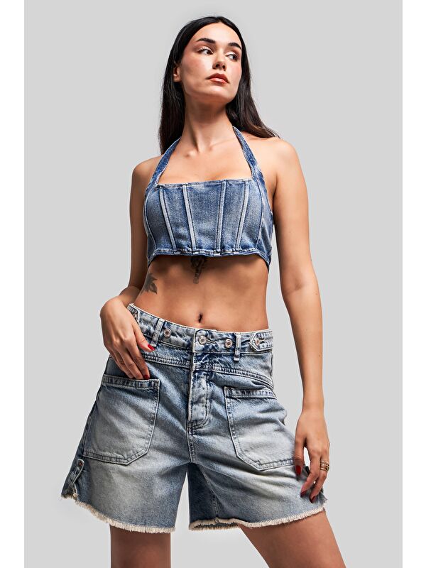 It's Basic Kadın Tint Jean Rengi Kemer Detaylı Önden Cepli Denim Şort