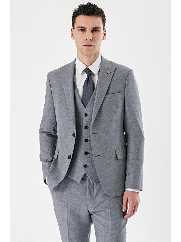 İMZA Gri Desenli Kırlangıç Yaka Yelekli 6 Drop Slim Fit Dar Kesim Klasik Takım Elbise 1001240157