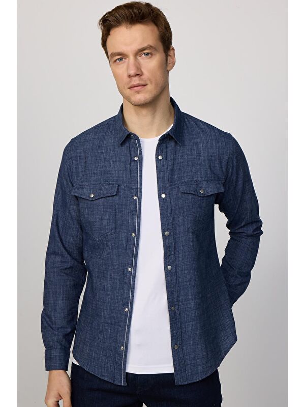 TUDORS Slim Fit Uzun Kollu Dar Kesim %100 Pamuk Çift Cep Çıtçıtlı Düz Yazlık Lacivert Erkek Gömlek