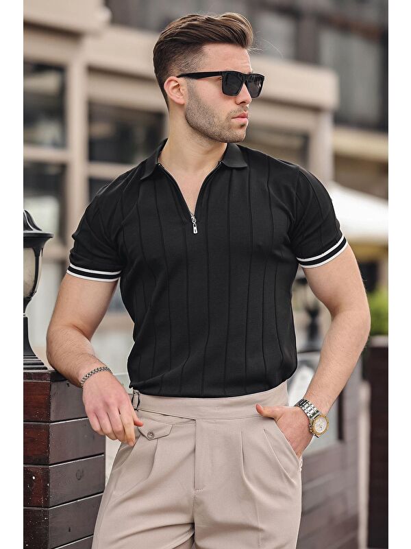 Madmext Erkek Siyah Polo Yaka Fermuarlı Tişört 6876