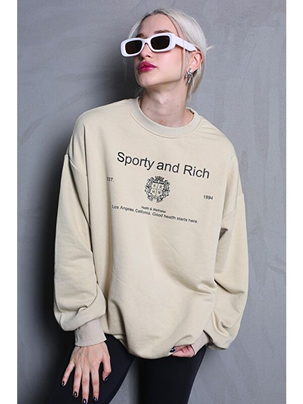 Madmext Bej Bisiklet Yaka Baskılı Oversize Kadın Sweatshirt Mg1577