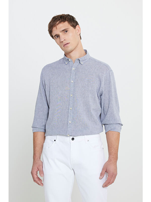 AC&Co / Altınyıldız Classics Erkek Gri Comfort Fit Rahat Kesim Düğmeli Yaka Keten Gömlek