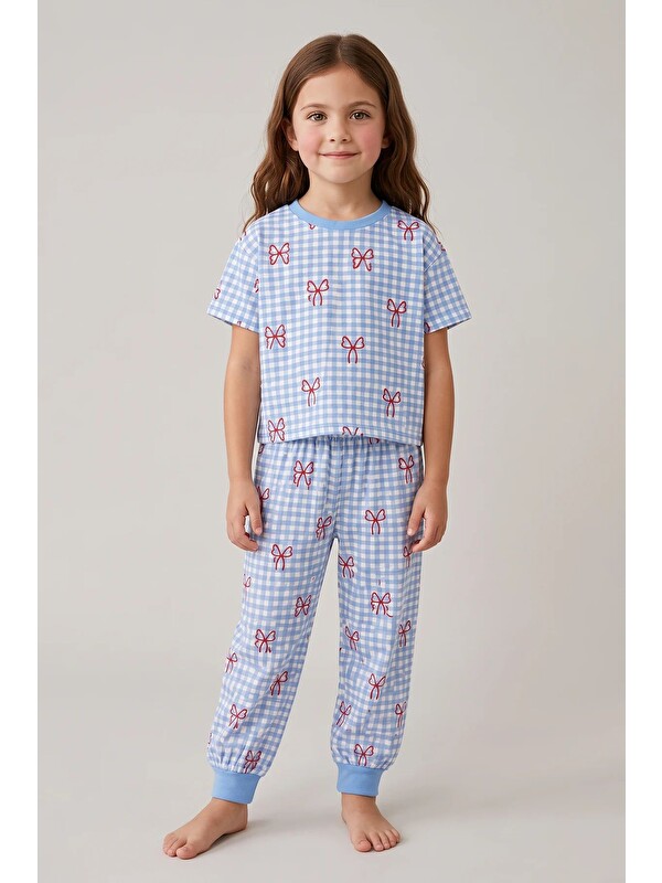 ZUZUNGA Kız Çocuk Pötikare Desenli Mavi Beyaz Renk Fiyonklu Kısa Kol %100 Pamuk Pijama Takımı