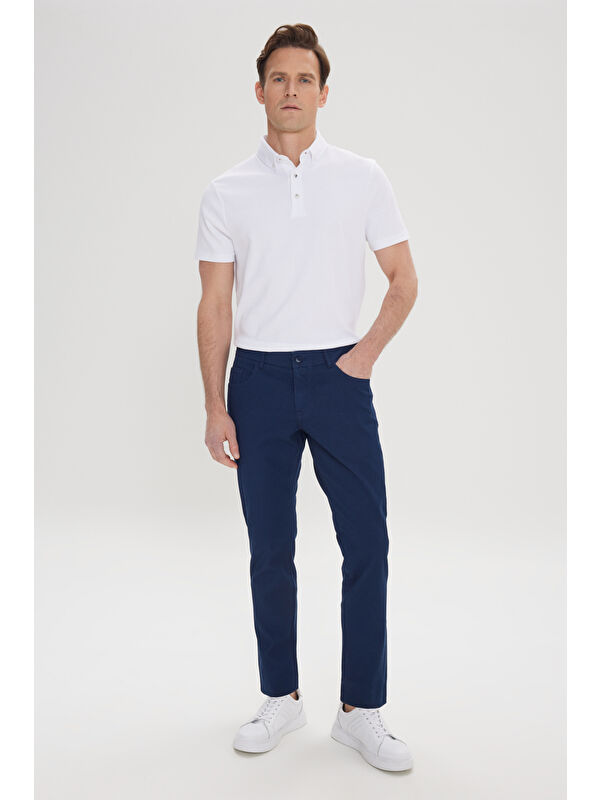 Altınyıldız Classics Erkek Lacivert Pamuklu Slim Fit Dar Kesim 5 Cep Armürlü Esnek Pantolon