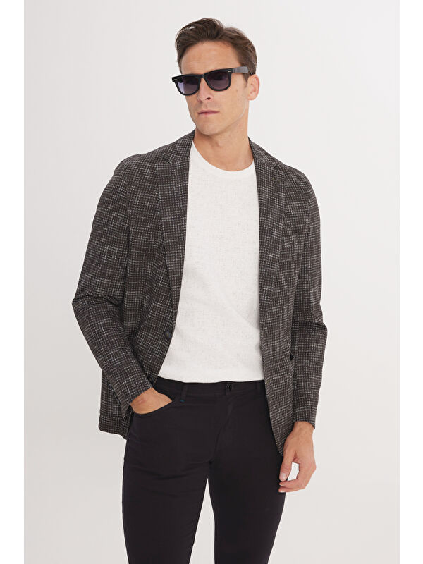 Altınyıldız Classics Erkek Haki Slim Fit Dar Kesim Mono Yaka Kazayağı Desenli Ceket