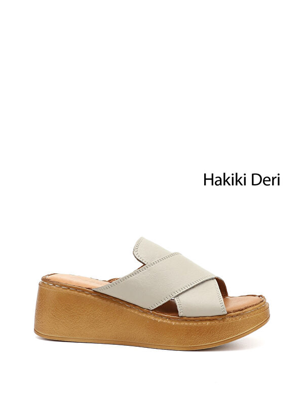 Kadın KREM Dolgu Taban Hakiki Deri Terlik - Görsel 2