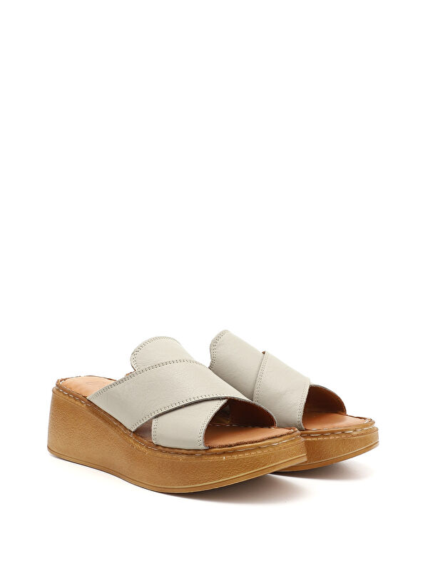 Kadın KREM Dolgu Taban Hakiki Deri Terlik - Görsel 3