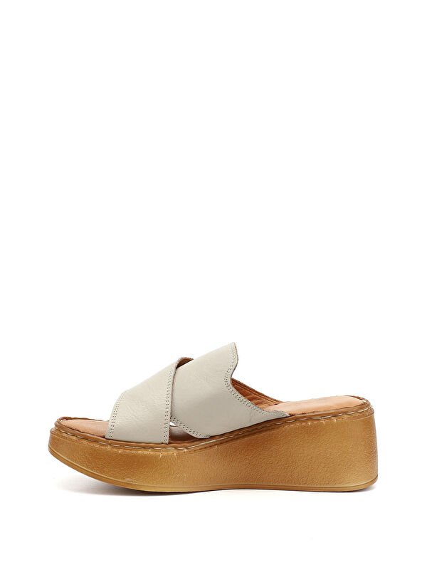 Kadın KREM Dolgu Taban Hakiki Deri Terlik - Görsel 4