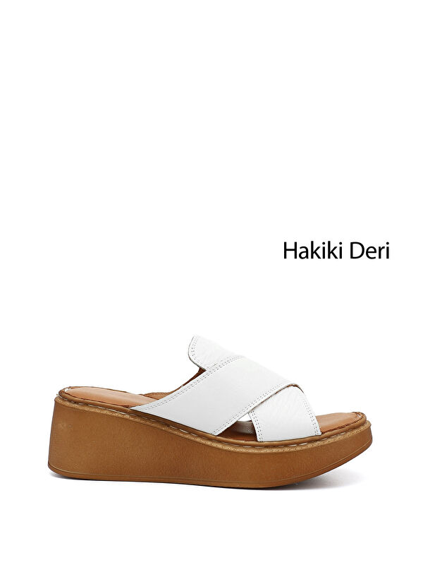 GÖNDERİ(R) Kadın BEYAZ-AÇIK GRİ Dolgu Taban Hakiki Deri Terlik