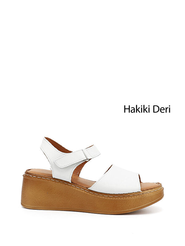 GÖNDERİ(R) Kadın BEYAZ-AÇIK GRİ Dolgu Taban Hakiki Deri Sandalet