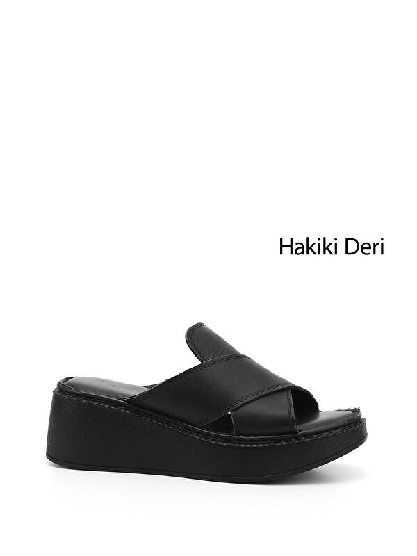GÖNDERİ(R) Kadın ZÜMRÜT-SİYAH Dolgu Taban Hakiki Deri Terlik