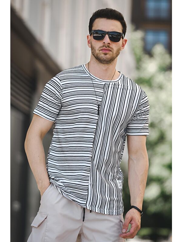 Oksit Nezza Çizgili Parçalı Eteği Oval Slim Fit Likralı Erkek Tişört