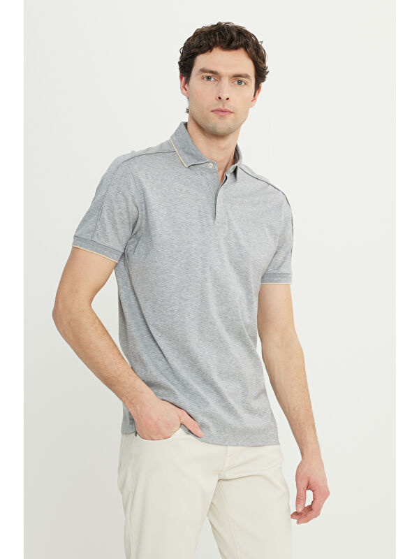 Altınyıldız Classics Erkek Gri Melanj %100 Pamuk Slim Fit Dar Kesim Polo Yaka Tişört