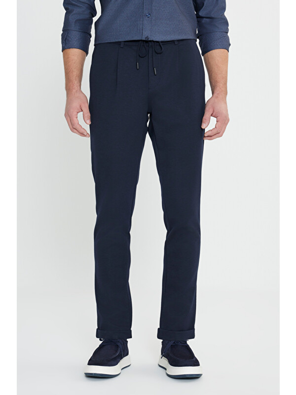 Altınyıldız Classics Erkek Lacivert Slim Fit Dar Kesim Beli Bağlamalı Yan Cep Esnek Casual Pantolon