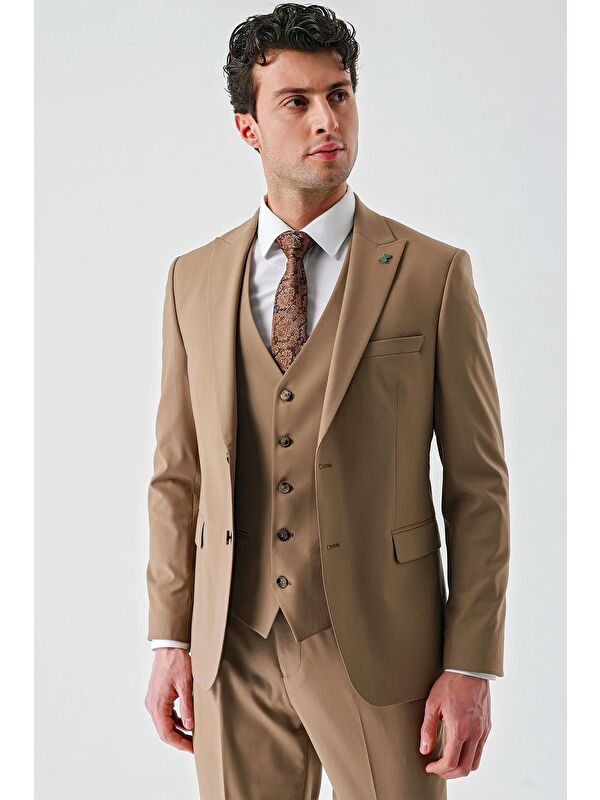 İMZA Tütün Gabardin Kırlangıç Yaka Yelekli Elastanlı 6 Drop Slim Fit Klasik Takım Elbise 1001240188