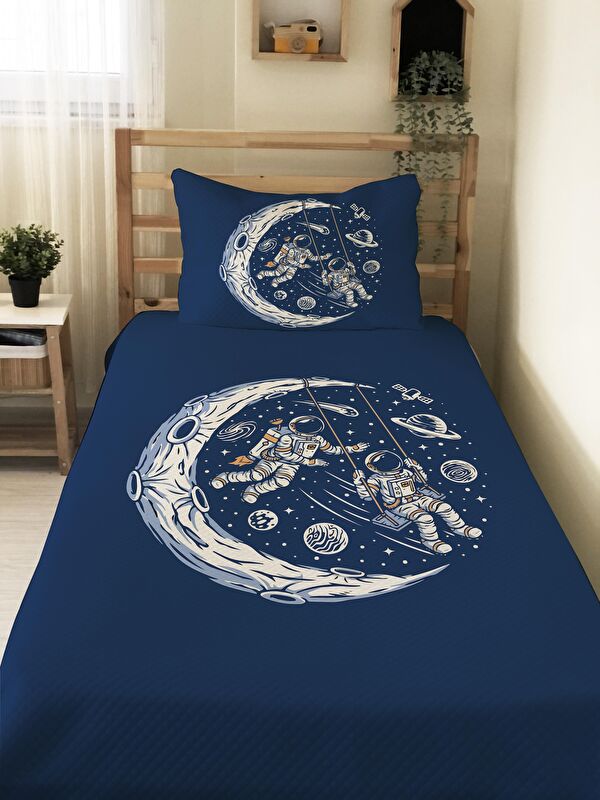 Evmila Astronot Desenli, Baskılı Tek Kişilik ve Çocuk Pike Takımı 160x220 Cm