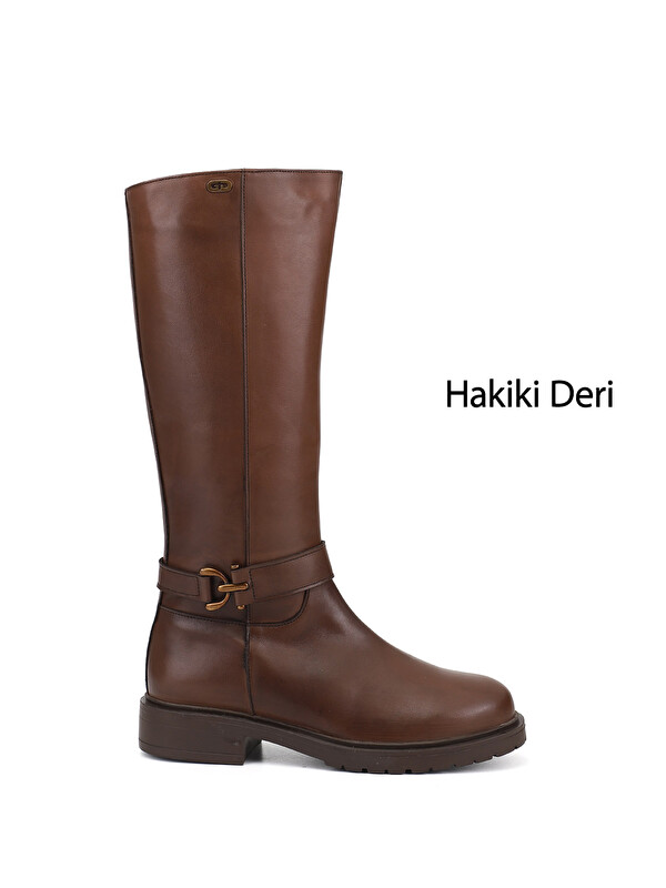 GÖNDERİ(R) Kadın TÜTÜN KAHVE Fermuarlı Kalın Topuklu Hakiki Deri Çizme