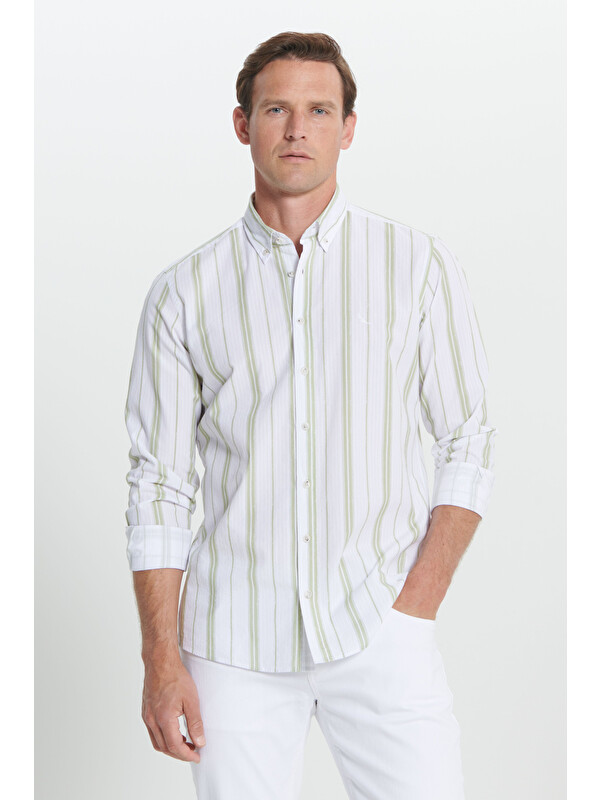 Altınyıldız Classics Erkek Ekru-Yeşil Slim Fit Dar Kesim %100 Pamuk Düğmeli Yaka Çizgili Gömlek