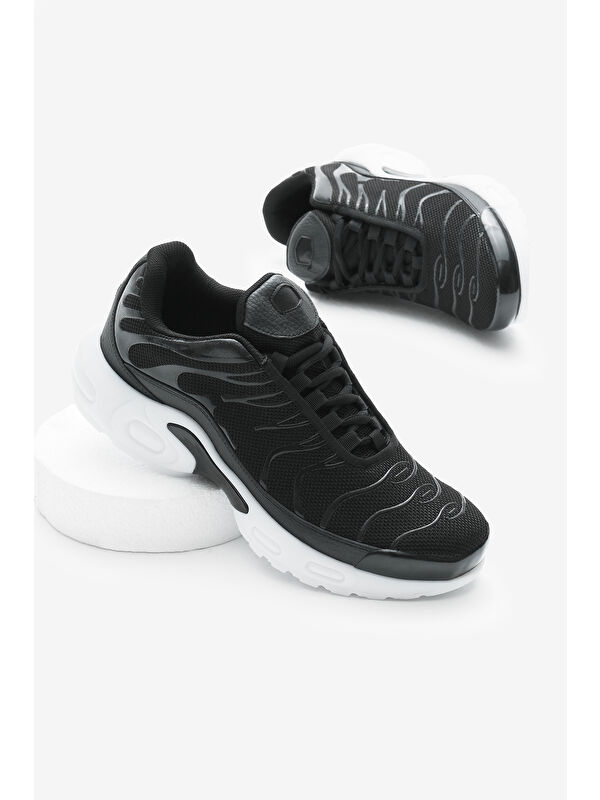 Unisex Siyah Beyaz Faylon TPU Taban Nefes Alabilen Kumaş Bağcıklı Spor Ayakkabı - Görsel 2